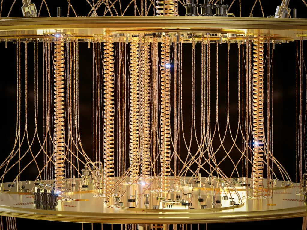 Close up of the refrigeration cooling system for a quantum computer
